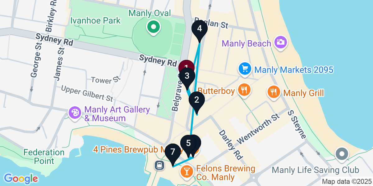 Map for 7-Stop Manly Wine bar Bar Crawl