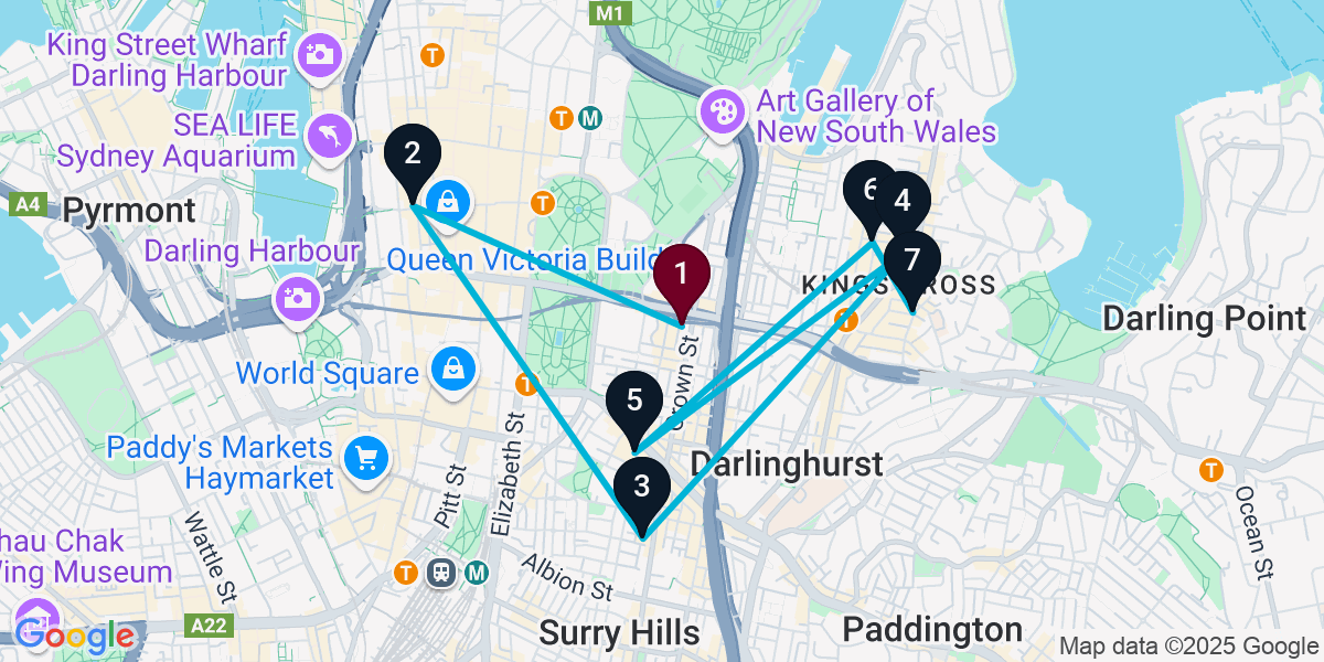 Map for 7-Stop Darlinghurst Wine bar Bar Crawl