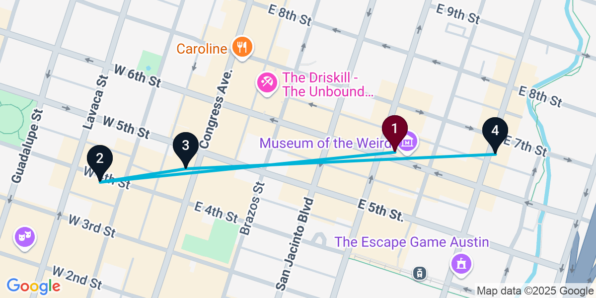 Map for 4-Stop Austin Nightclub Bar Crawl