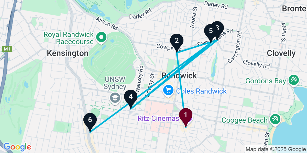 Map for 6-Stop Randwick Bar Crawl