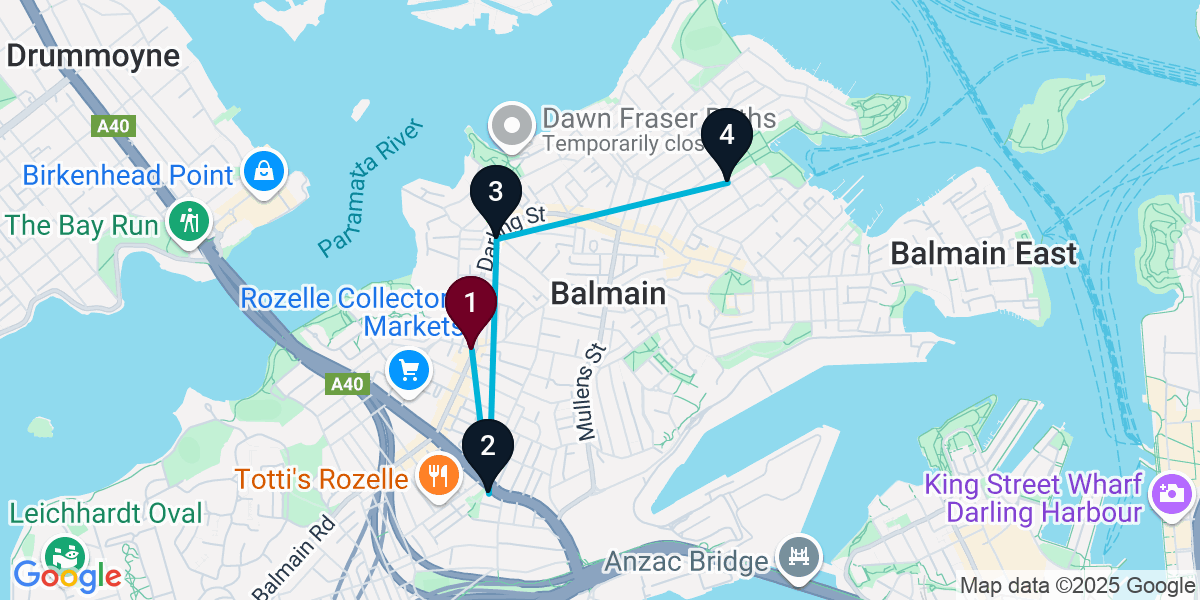 Map for 4-Stop Rozelle Pub Bar Crawl