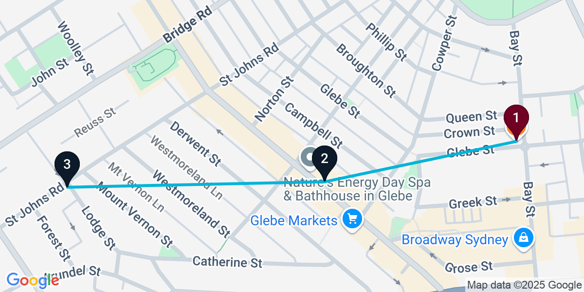 Map for 3-Stop Glebe Bar Crawl