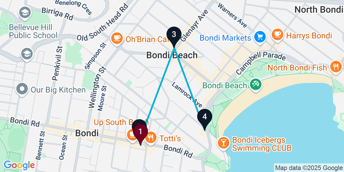 Map for 4-Stop Bondi Cocktail Bar Crawl