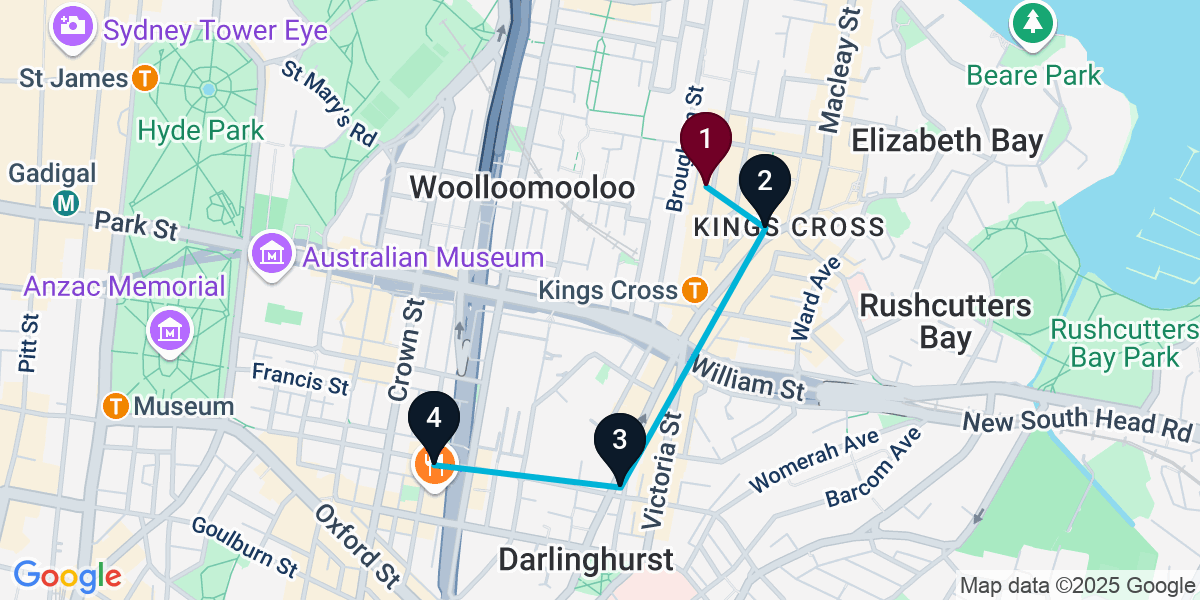 Map for 4-Stop Potts Point Rooftop Bar Crawl