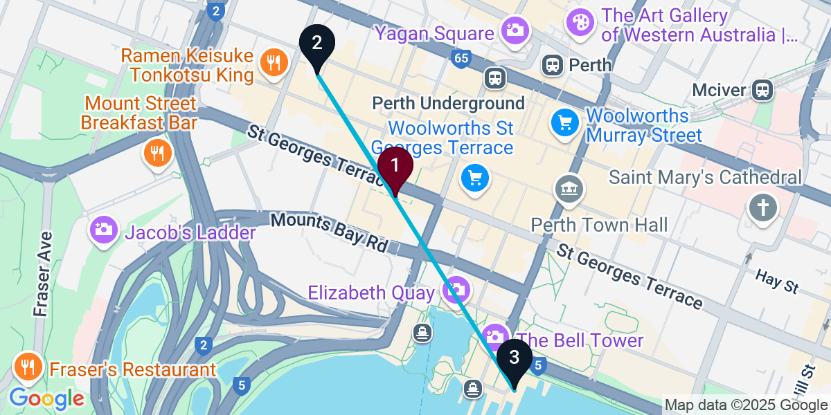 Map for 3-Stop Perth Rooftop Bar Crawl