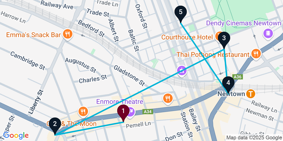 Map for 5-Stop Newtown Pub Bar Crawl