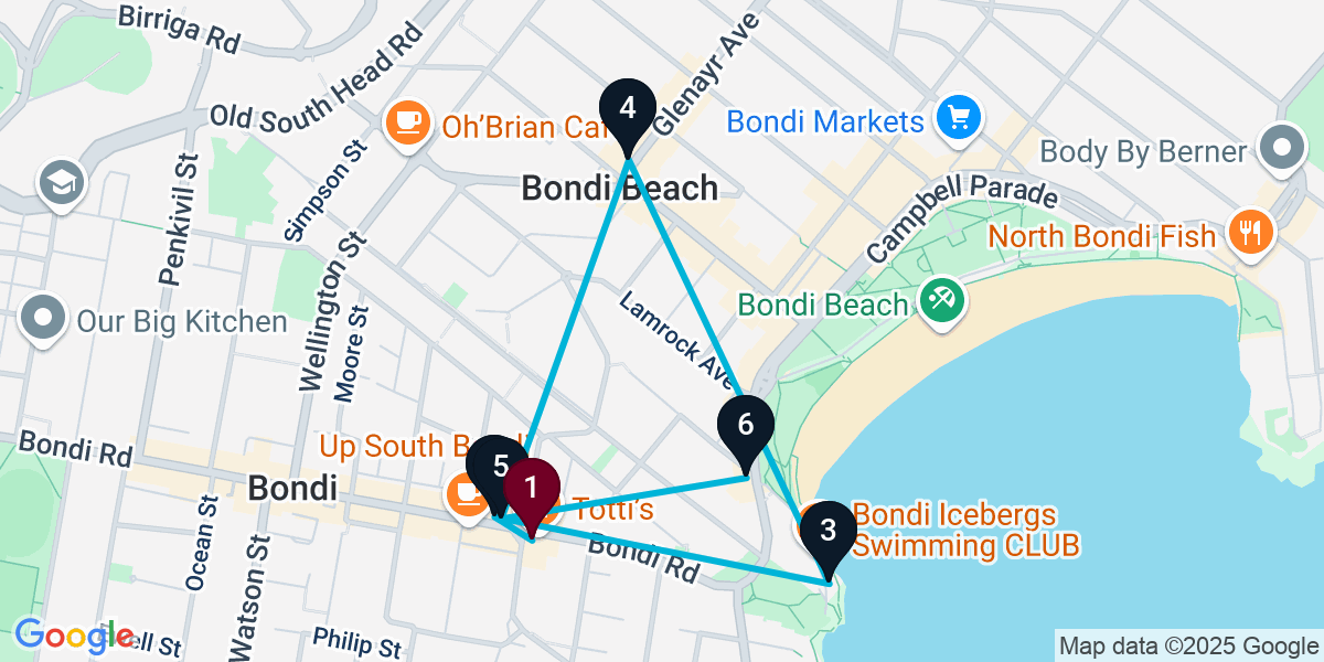 Map for 6-Stop Bondi Cocktail Bar Crawl