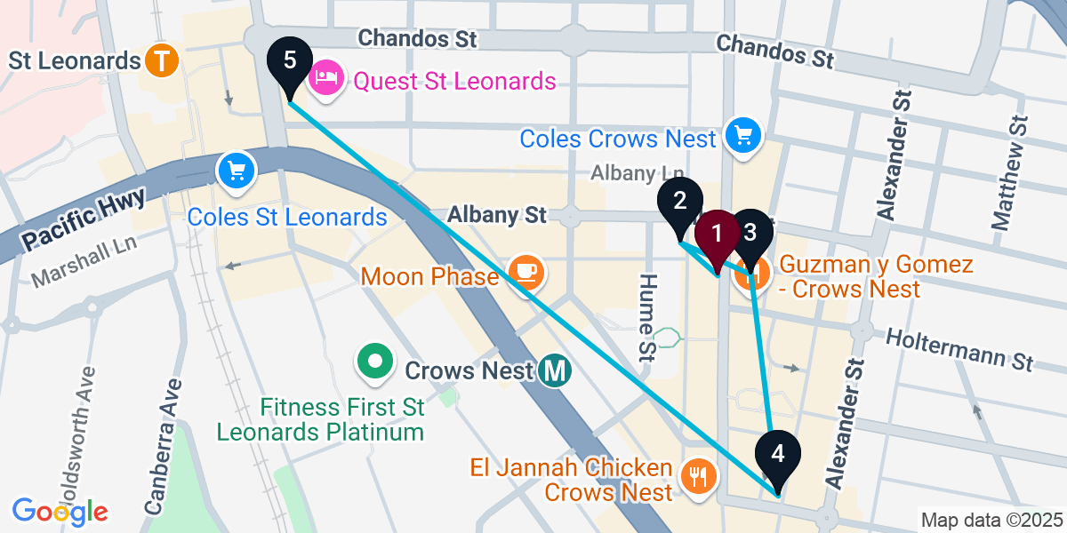 Map for 5-Stop Crows Nest Wine bar Bar Crawl