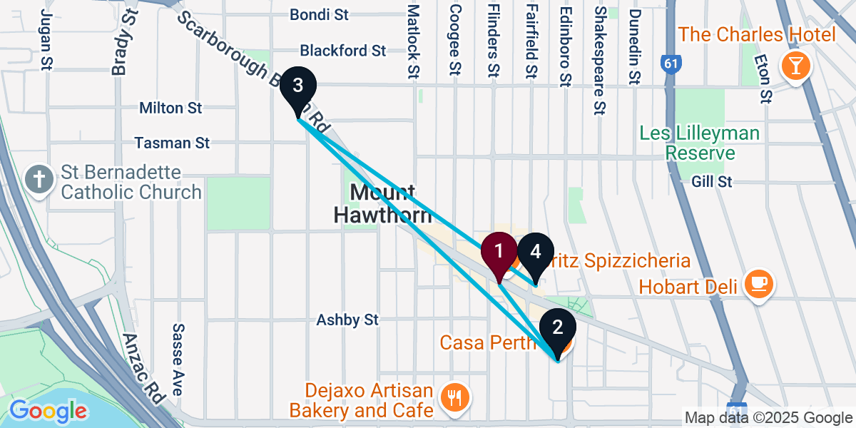 Map for 4-Stop Mount Hawthorn Bar Crawl