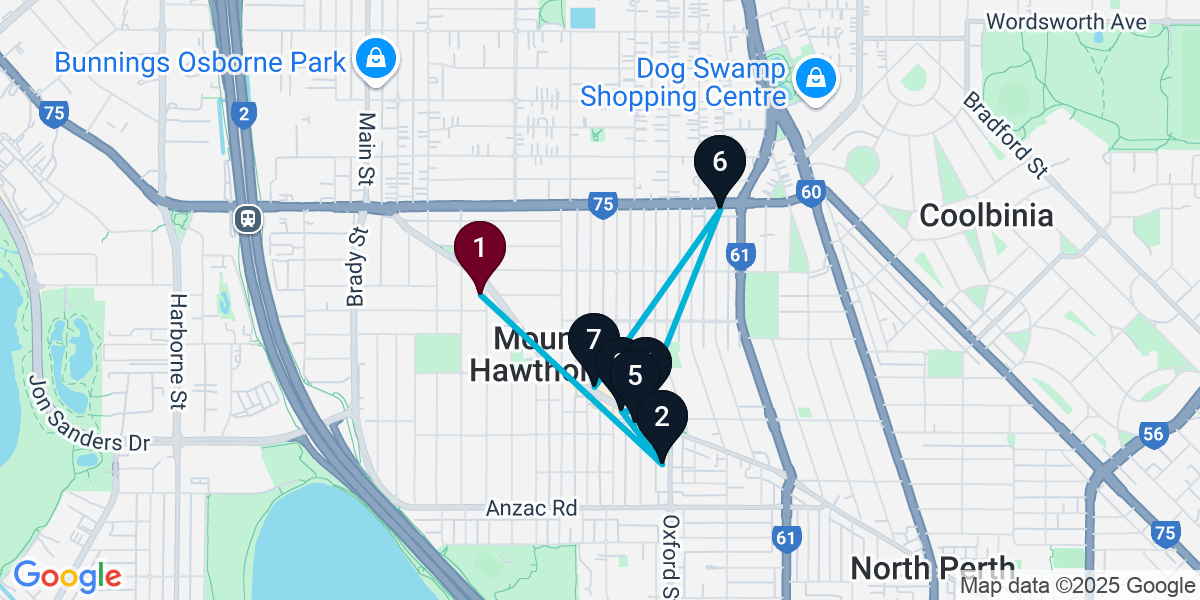 Map for 7-Stop Mount Hawthorn Bar Crawl