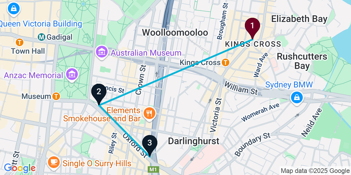 Map for 3-Stop Potts Point Nightclub Bar Crawl