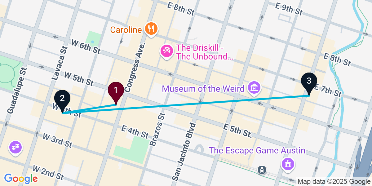 Map for 3-Stop Austin Nightclub Bar Crawl