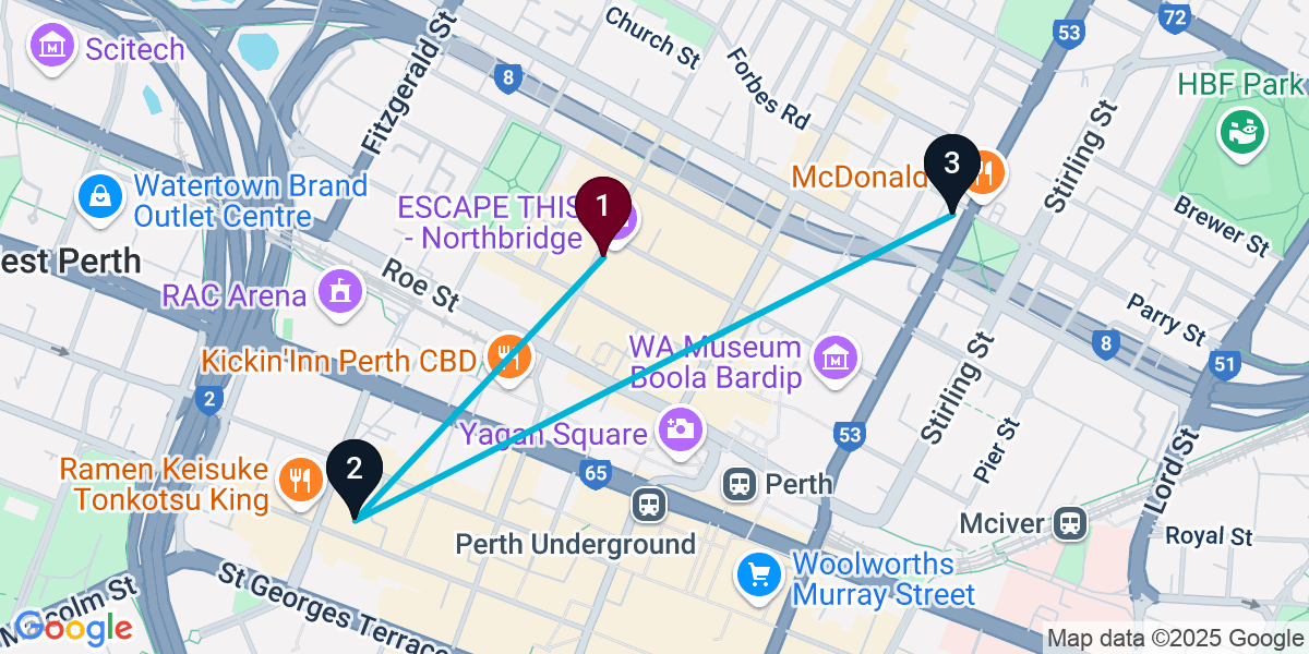 Map for 3-Stop Northbridge Bar Crawl