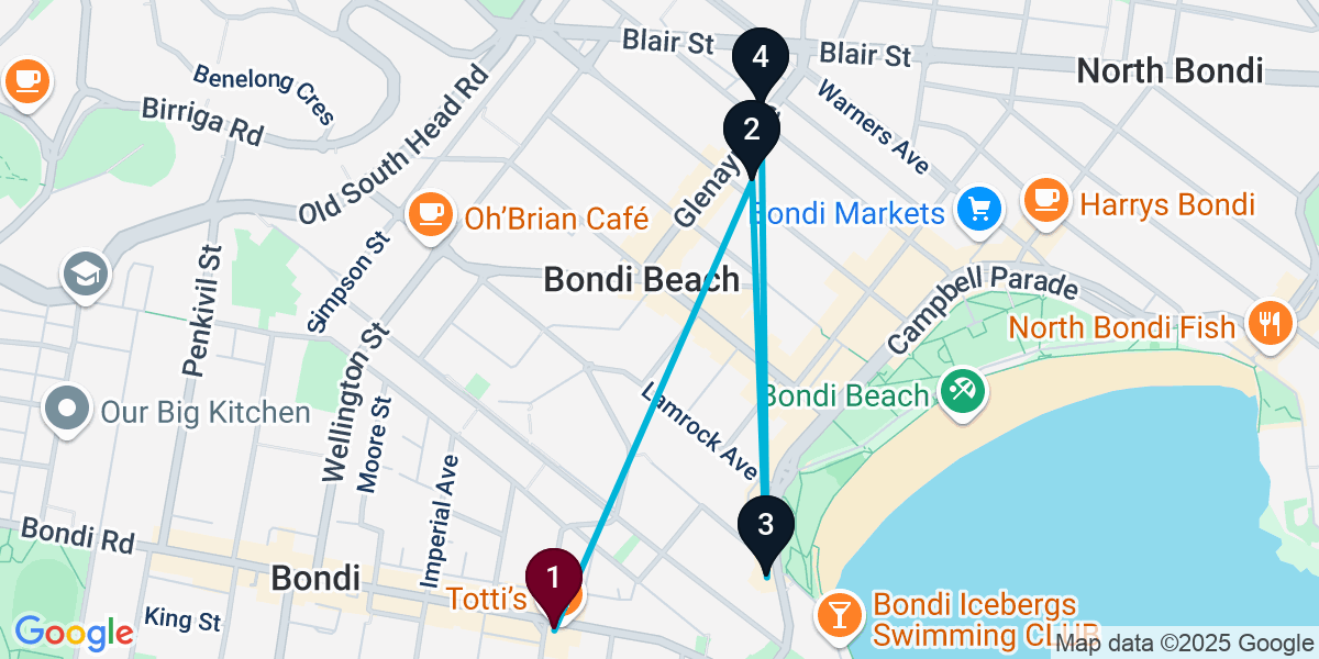 Map for 4-Stop Bondi Beach bar Bar Crawl