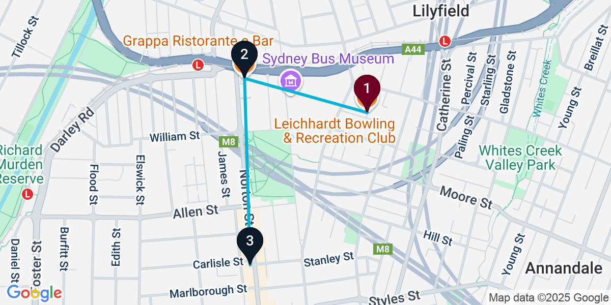 Map for 3-Stop Lilyfield Rooftop Bar Crawl