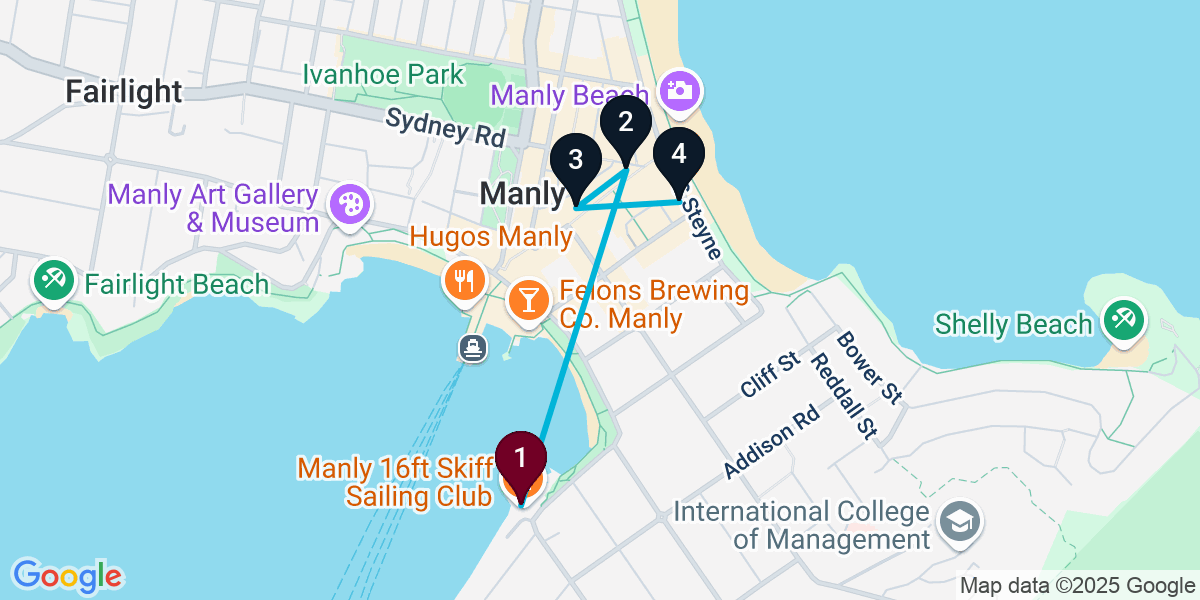 Map for 4-Stop Manly Pub Bar Crawl