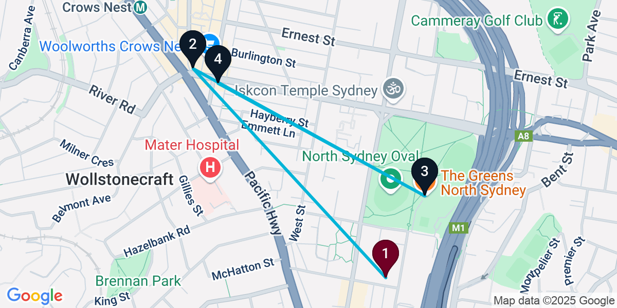 Map for 4-Stop North Sydney Pub Bar Crawl