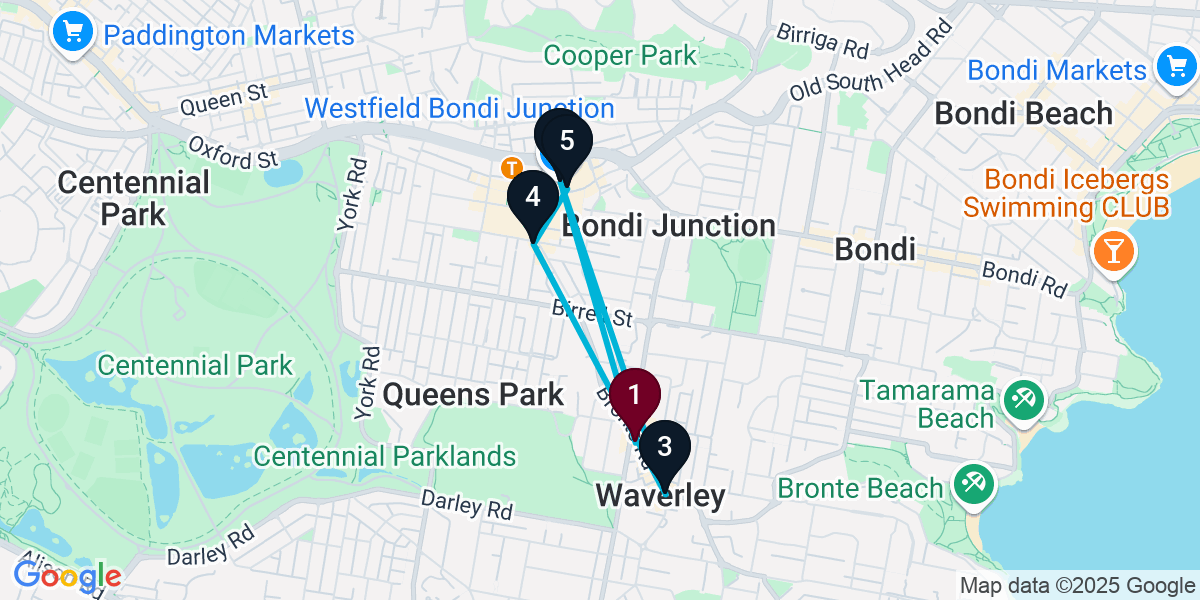 Map for 5-Stop Waverley Wine bar Bar Crawl