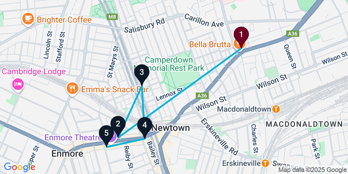 Map for 5-Stop Newtown Cocktail Bar Crawl