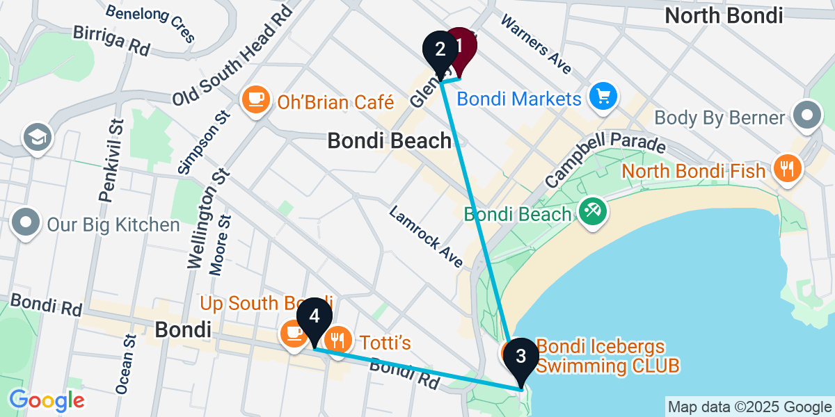 Map for 4-Stop Bondi Beach Bar Crawl