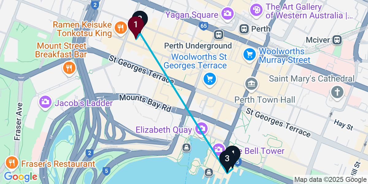 Map for 4-Stop Perth Rooftop Bar Crawl