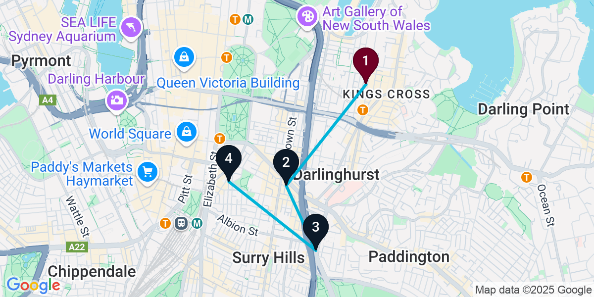 Map for 4-Stop Potts Point Brewery Bar Crawl