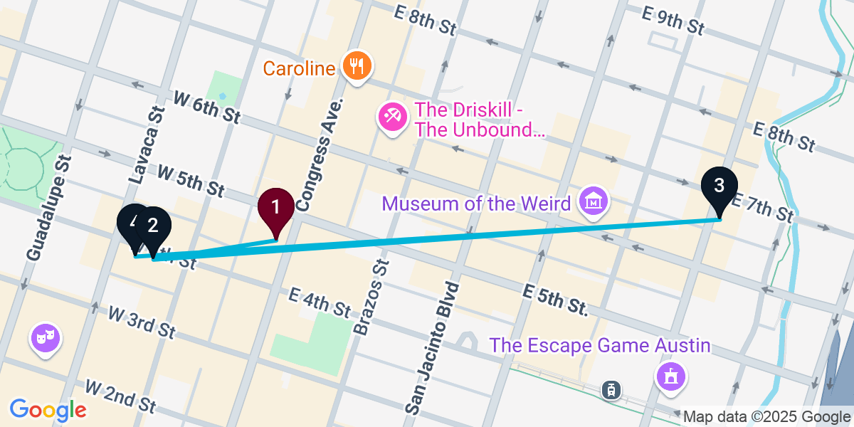 Map for 4-Stop Austin Nightclub Bar Crawl