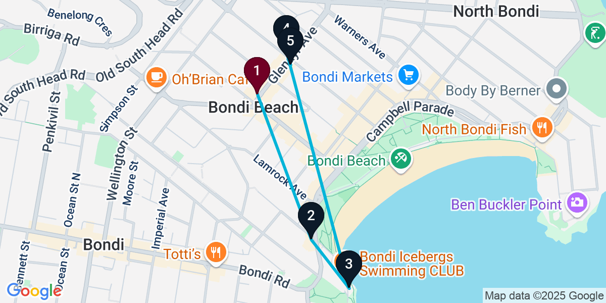 Map for 5-Stop Bondi Beach Cocktail Bar Crawl