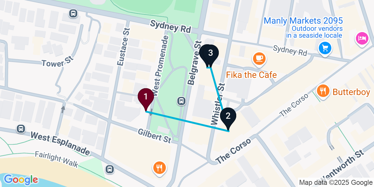Map for 4-Stop Manly Bar Crawl