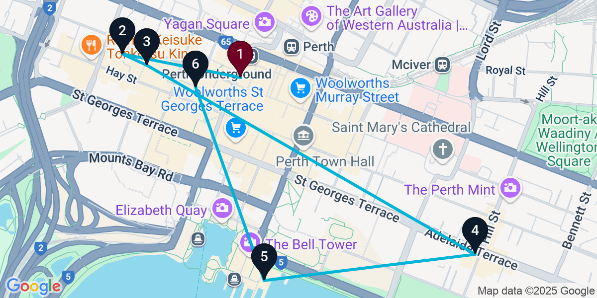 Map for 6-Stop Perth Pub Bar Crawl