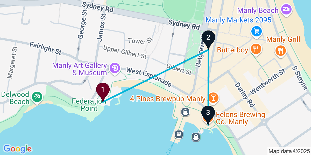 Map for 3-Stop Manly Nightclub Bar Crawl