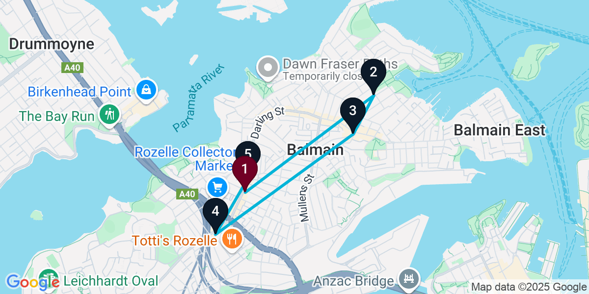 Map for 5-Stop Rozelle Pub Bar Crawl