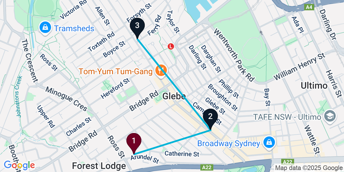 Map for 3-Stop Forest Lodge Live music Bar Crawl