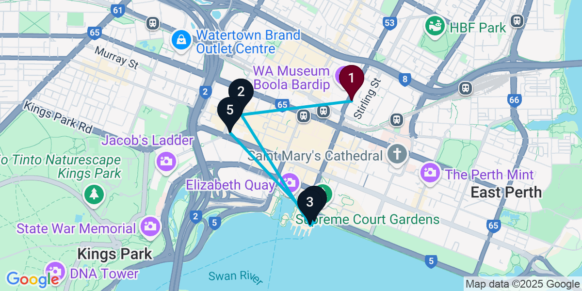 Map for 5-Stop Perth Rooftop Bar Crawl