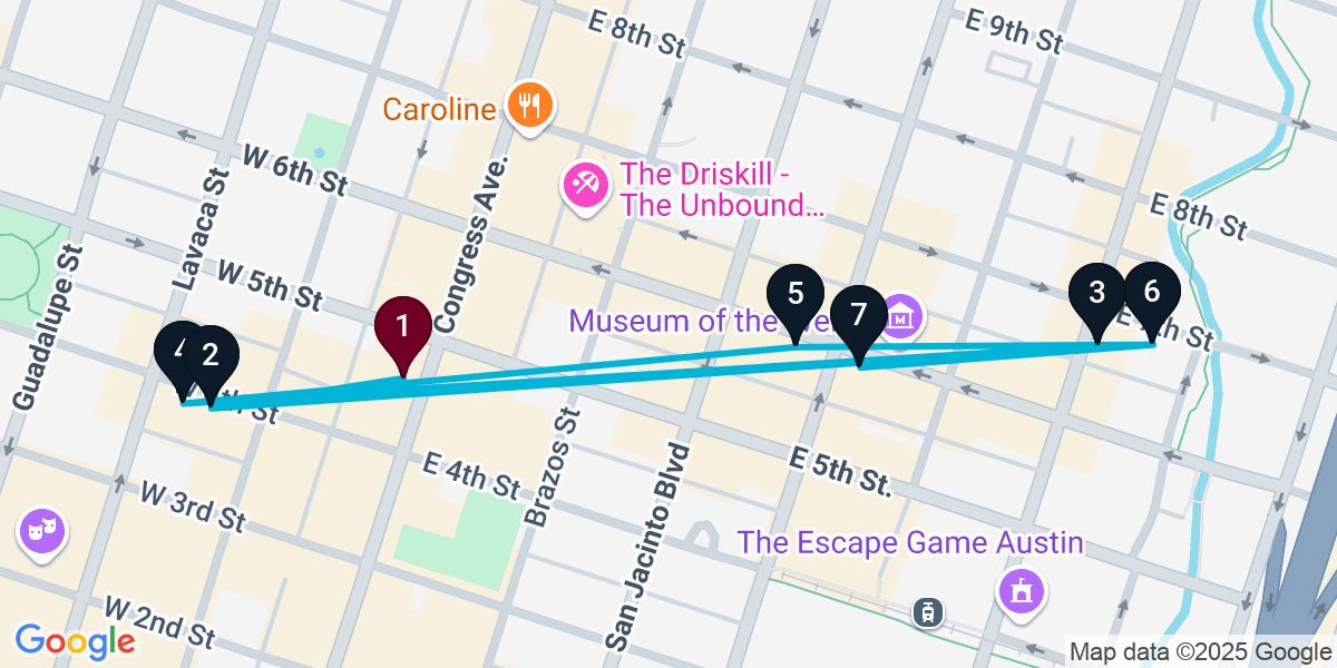 Map for 7-Stop Austin Nightclub Bar Crawl
