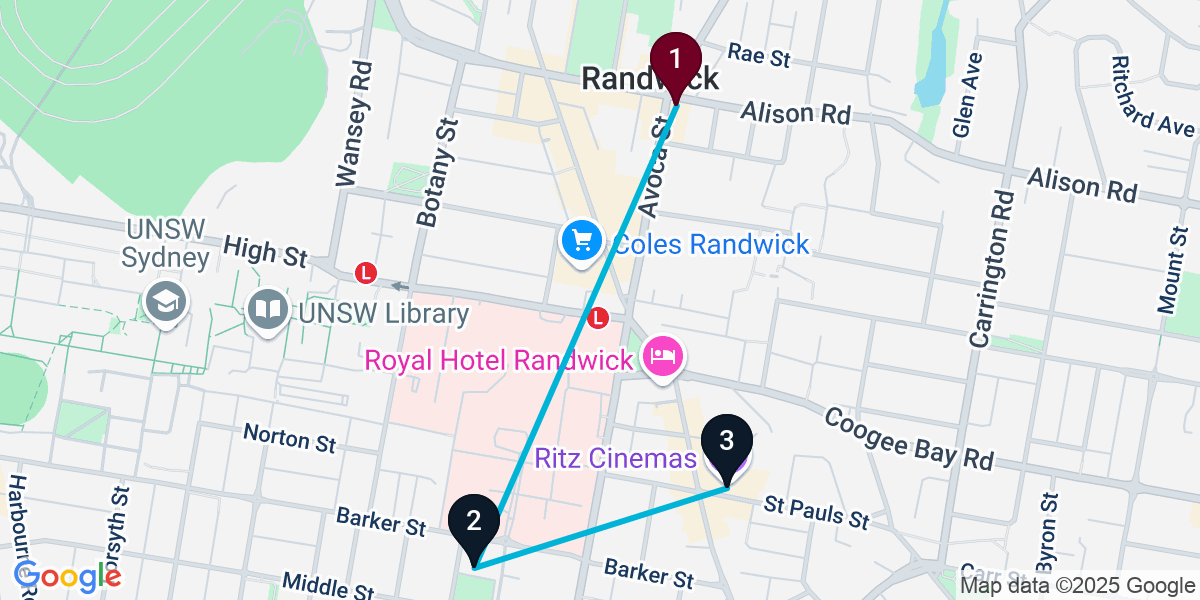 Map for 3-Stop Randwick Wine bar Bar Crawl