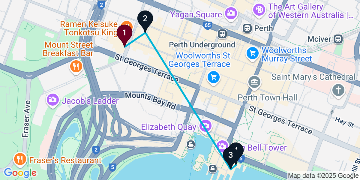 Map for 4-Stop Perth Rooftop Bar Crawl