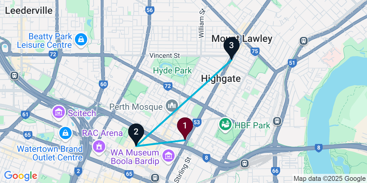 Map for 3-Stop Perth Live music Bar Crawl