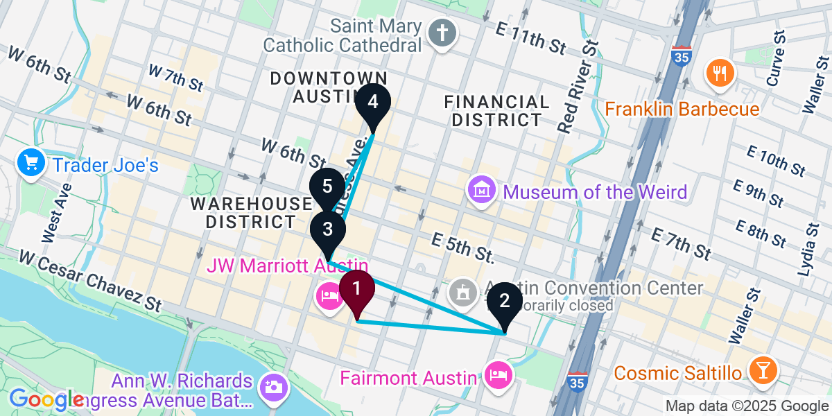 Map for 5-Stop Austin Bar Crawl