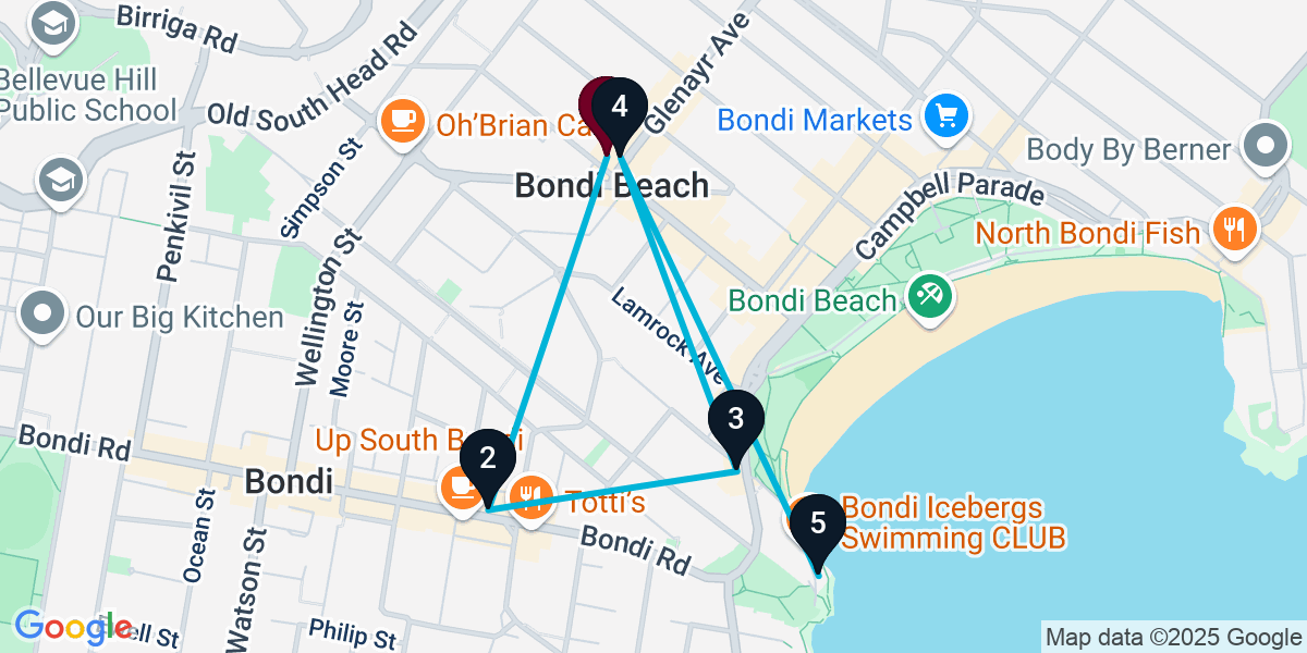 Map for 5-Stop Bondi Beach Bar Crawl