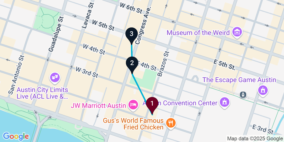 Map for 3-Stop Austin Cocktail Bar Crawl