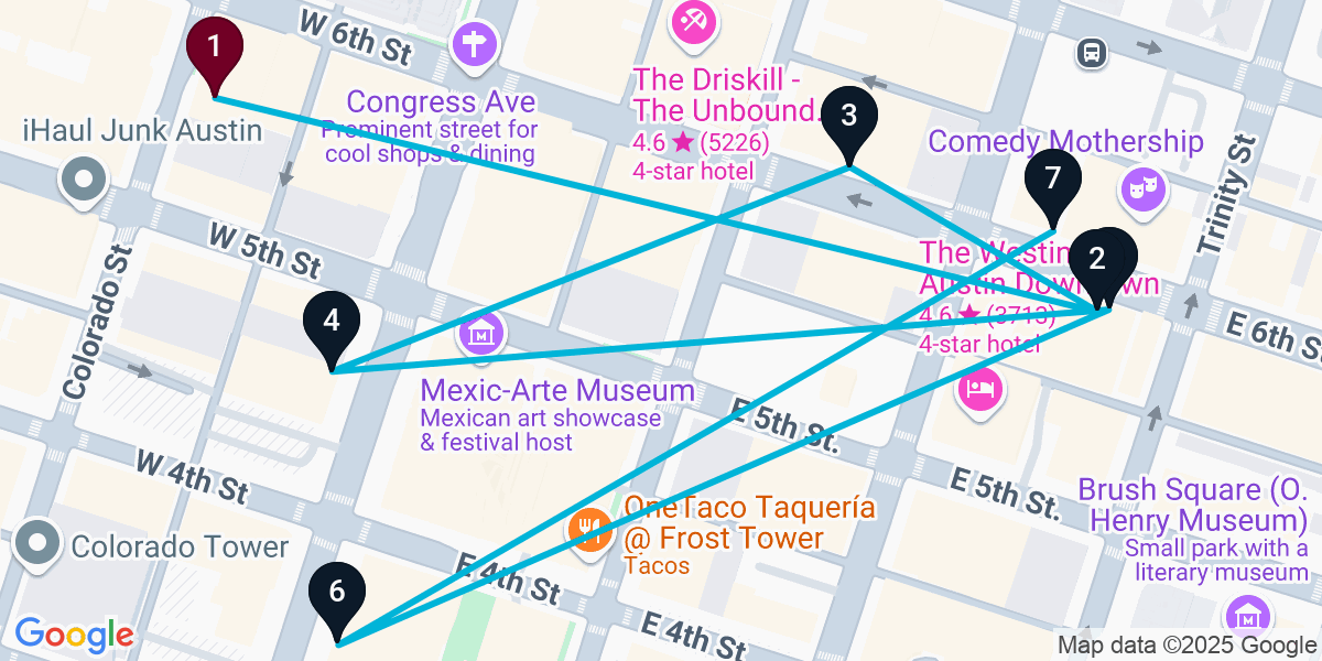 Map for 7-Stop Austin Live music Bar Crawl