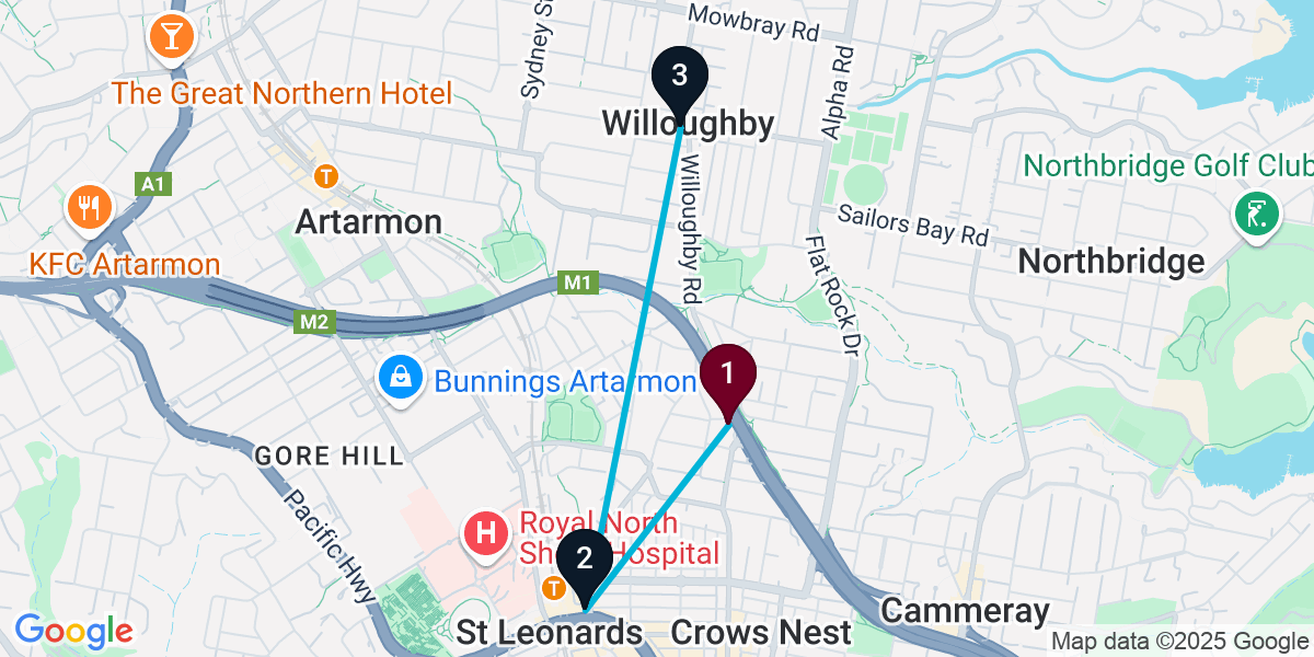 Map for 3-Stop Naremburn Pub Bar Crawl