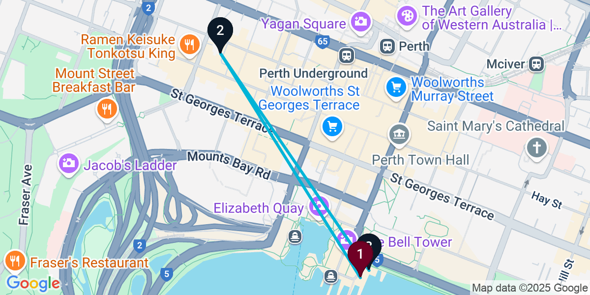 Map for 3-Stop Perth Rooftop Bar Crawl