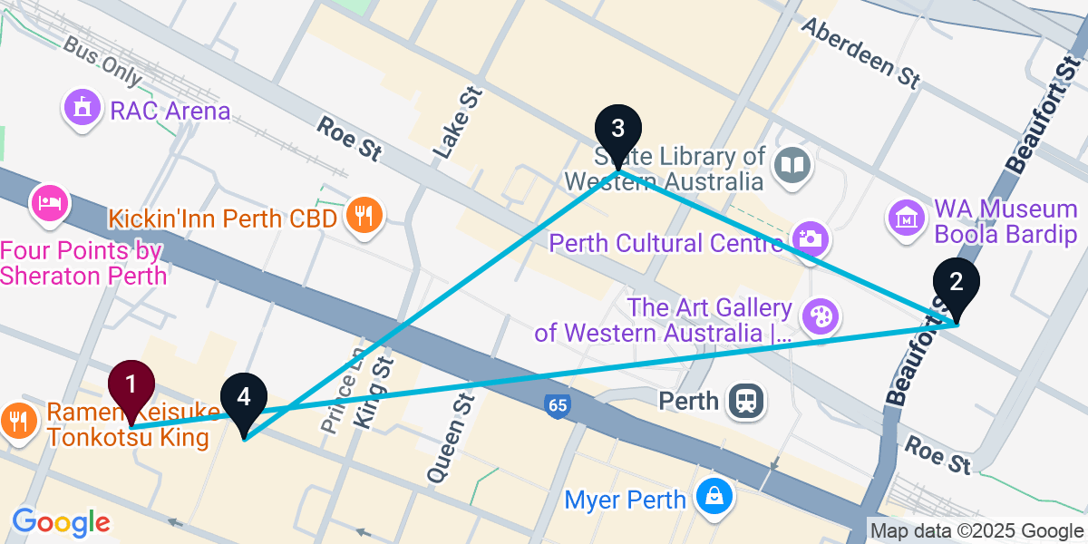 Map for 4-Stop Perth Nightclub Bar Crawl