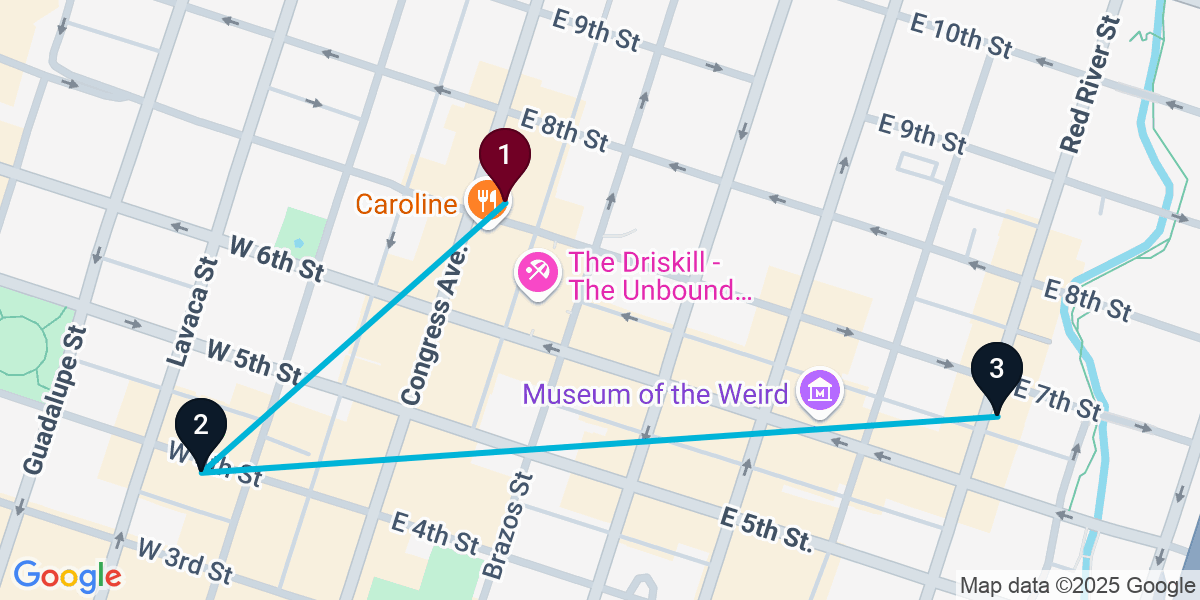 Map for 3-Stop Austin Nightclub Bar Crawl