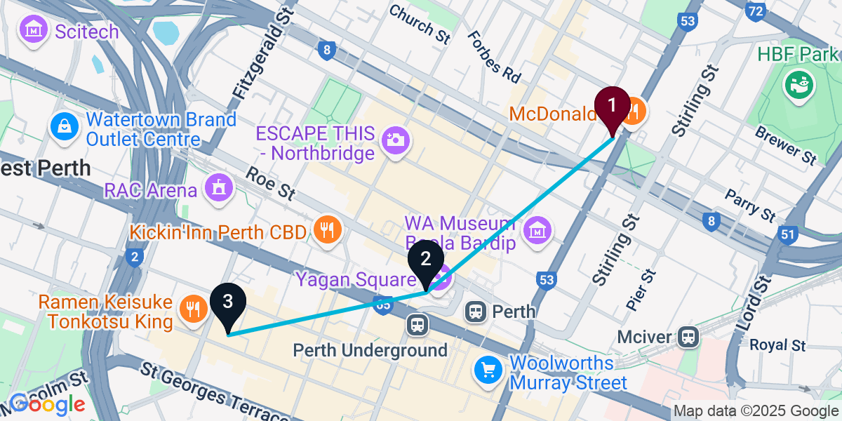 Map for 3-Stop Perth Bar Crawl