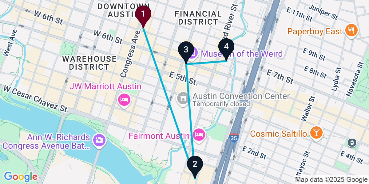 Map for 4-Stop Austin Cocktail Bar Crawl