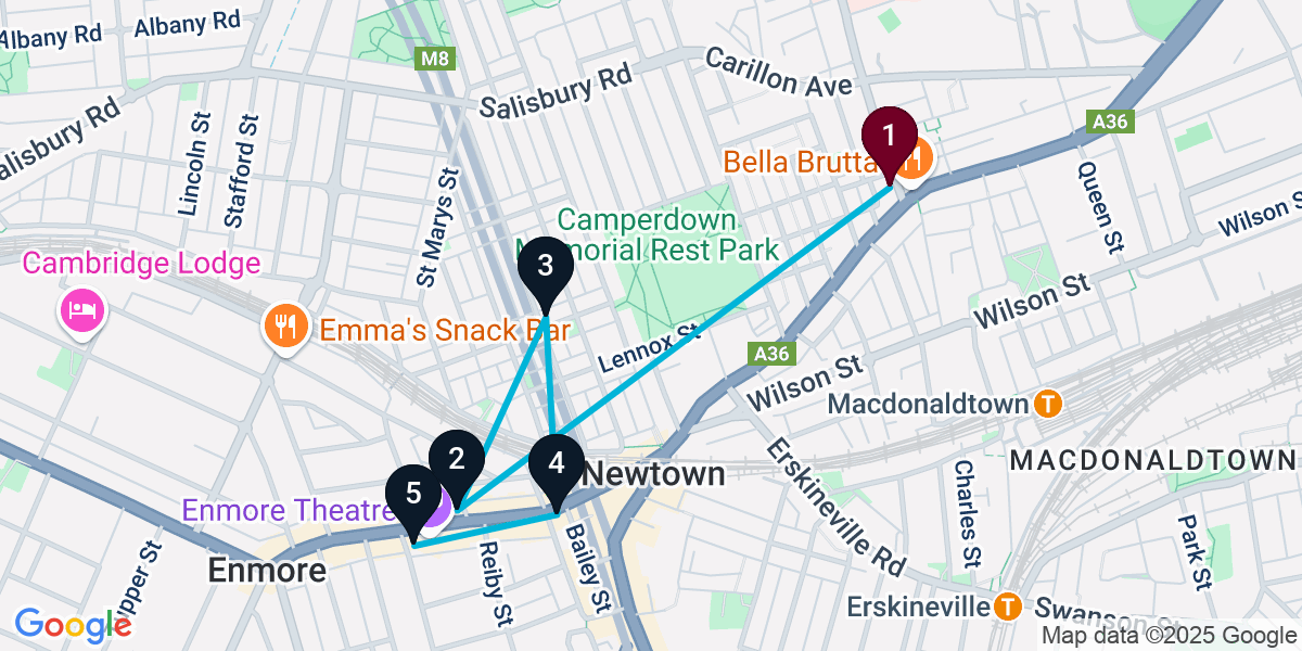Map for 5-Stop Newtown Cocktail Bar Crawl