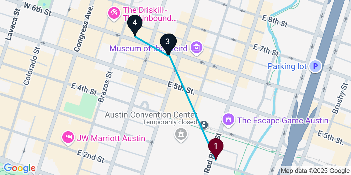 Map for 4-Stop Austin Live music Bar Crawl
